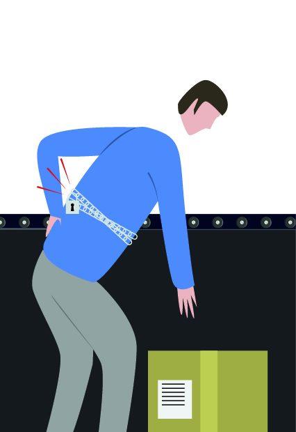 disegno di un uomo che si fa male al lavoro cercando di sollevare un peso