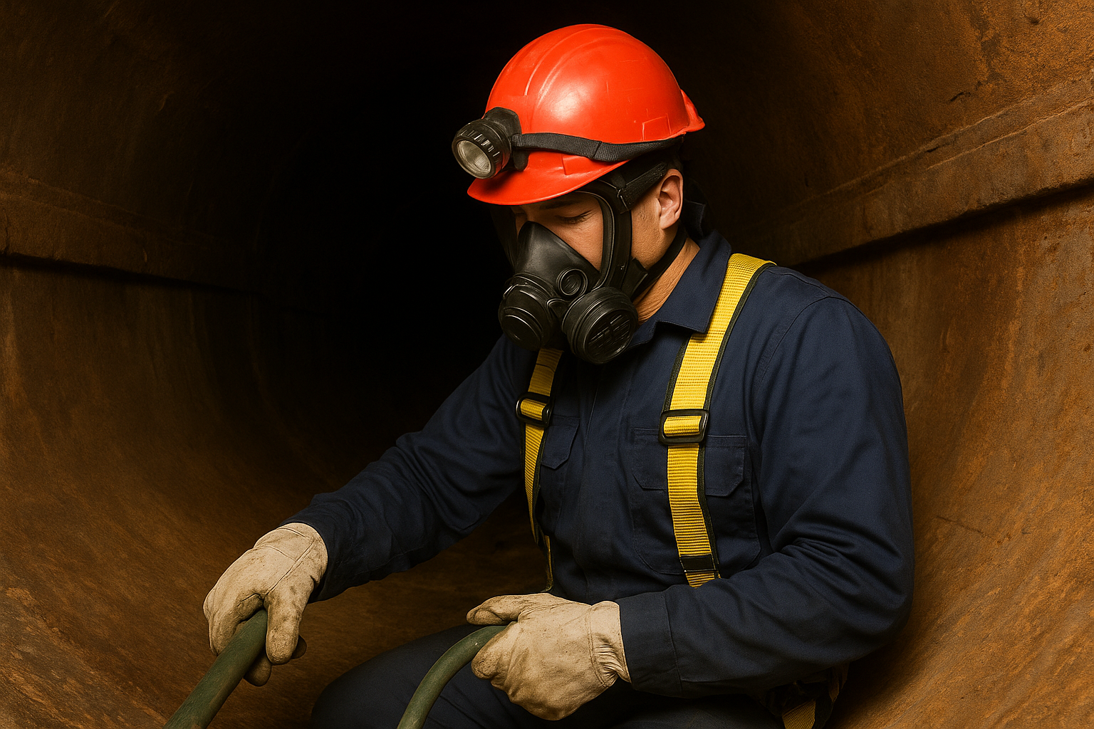 lavoratore all'interno di uno spazio confinato per la gestione dei rischi negli ambienti confinati