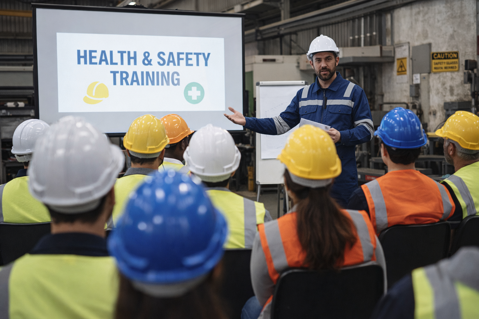 lavoratori in fabbrica che fanno parte della sicurezza partecipata durante la formazione
