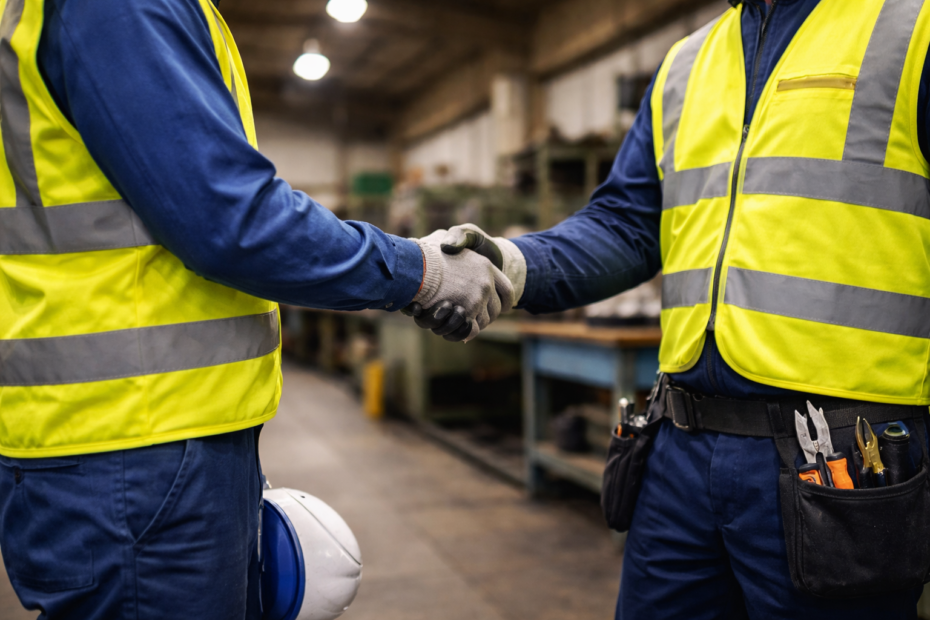 preposto di fatto dà un stretto della mano a un lavoratore in fabbrica