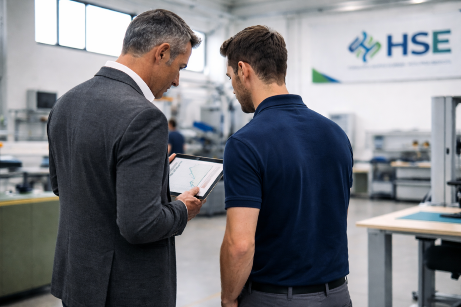 ergonomo certificato lavora con un datore di lavoro in fabbrica
