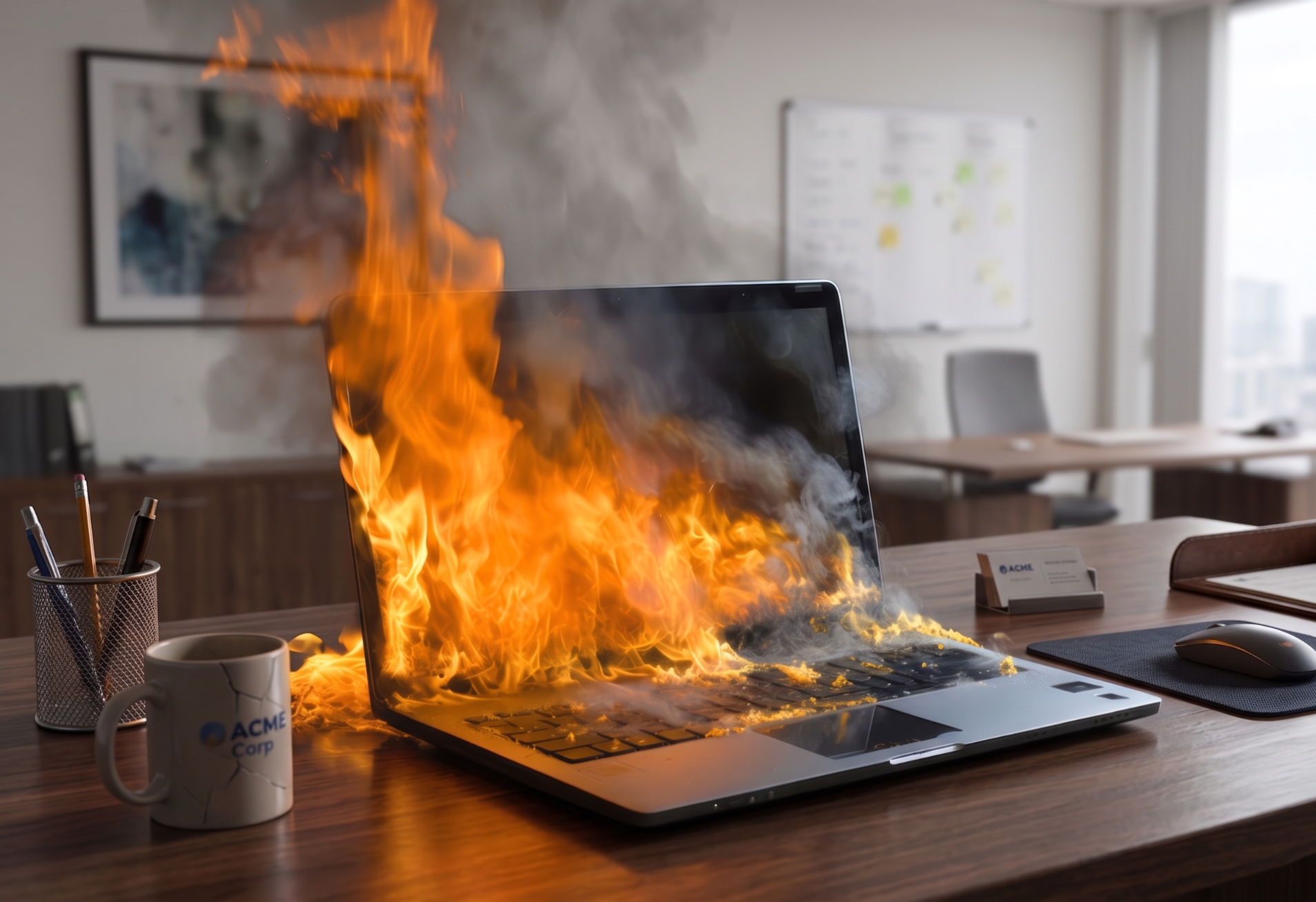 computer che va a fuoco per un incendio batterie al litio