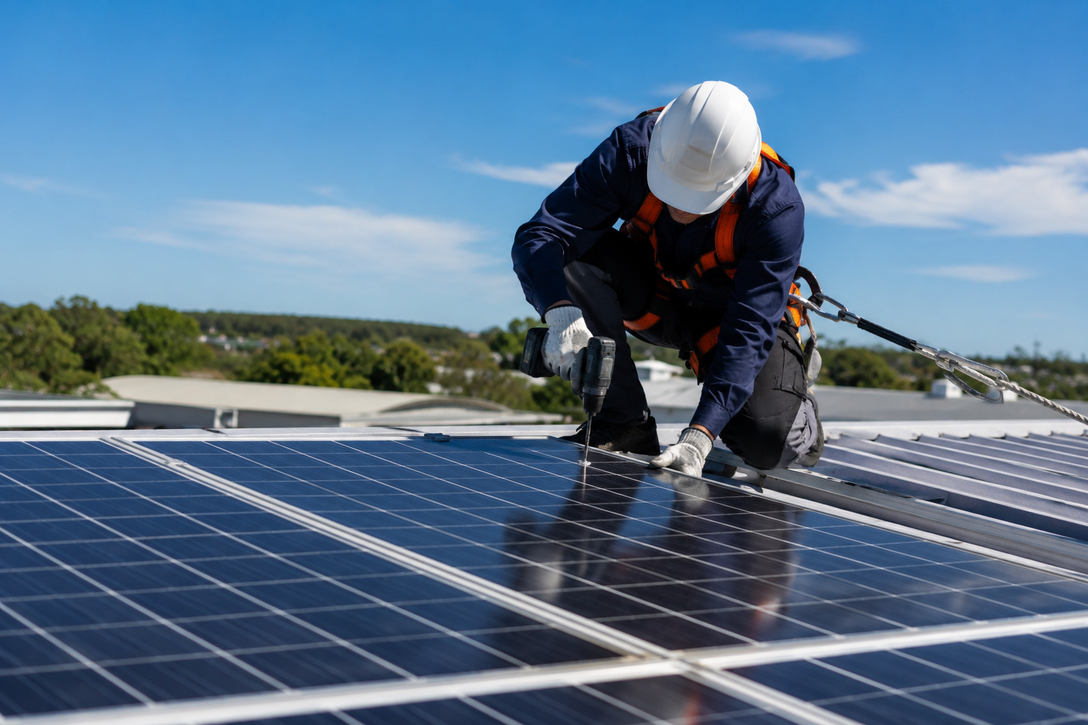 un lavoratore fa la manutenzione degli impianti fotovoltaici sopra un edificio